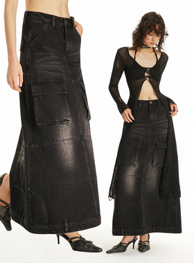 USS 2025早秋工装牛仔半身裙水洗做旧多口袋长款复古黑色高腰长裙