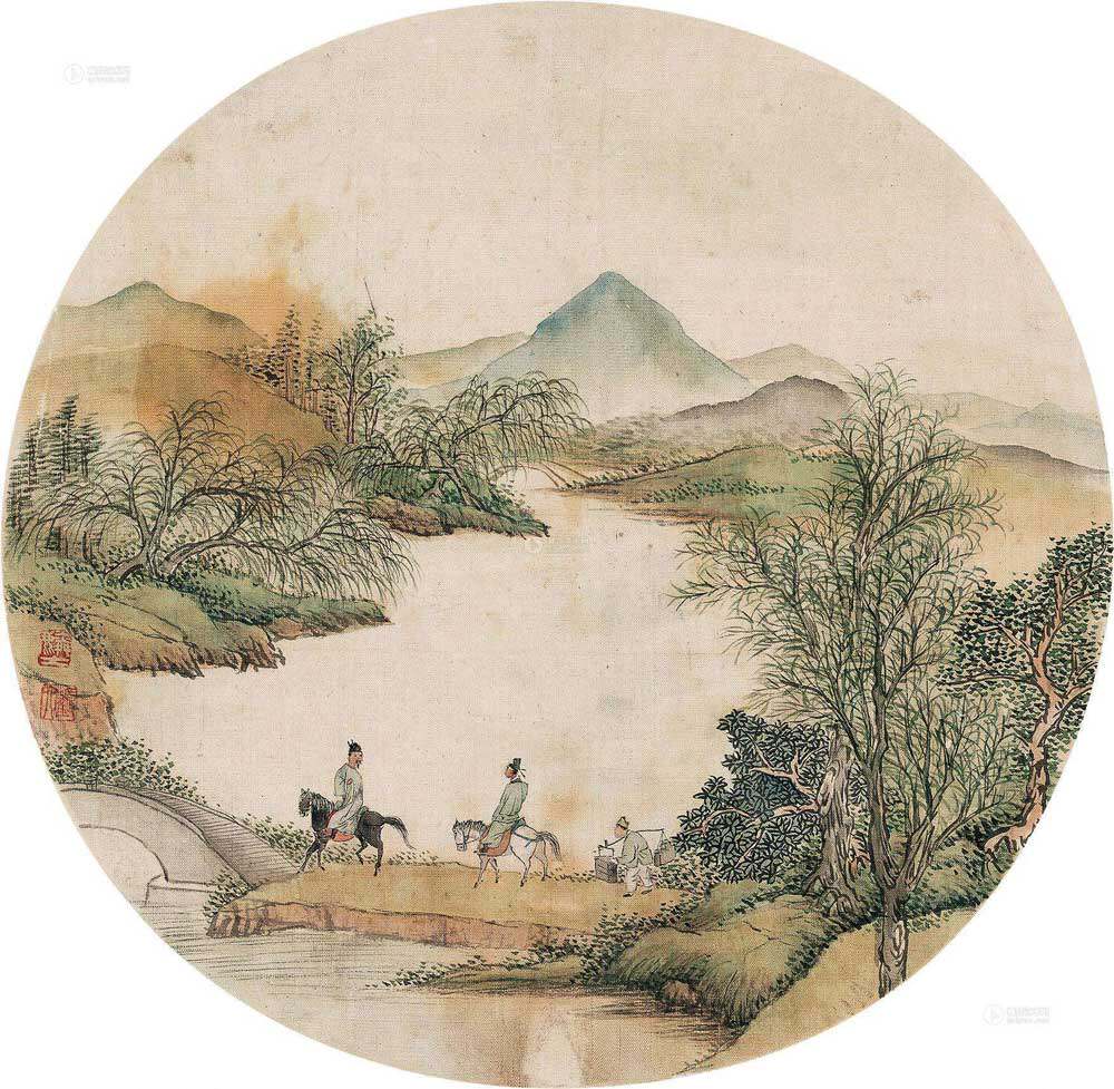 仿古画名画复制品清顾麟士秋山行旅图团扇山水画国画装饰画字画