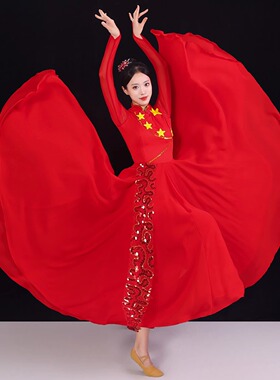 开场舞大摆裙演出服女红色我和我的祖国歌伴舞长裙飘逸舞蹈服装新