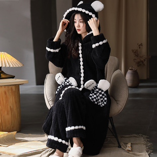 家居服两件套装 可外穿开衫 天珊瑚绒睡袍保暖加绒薄款 睡衣女秋冬季