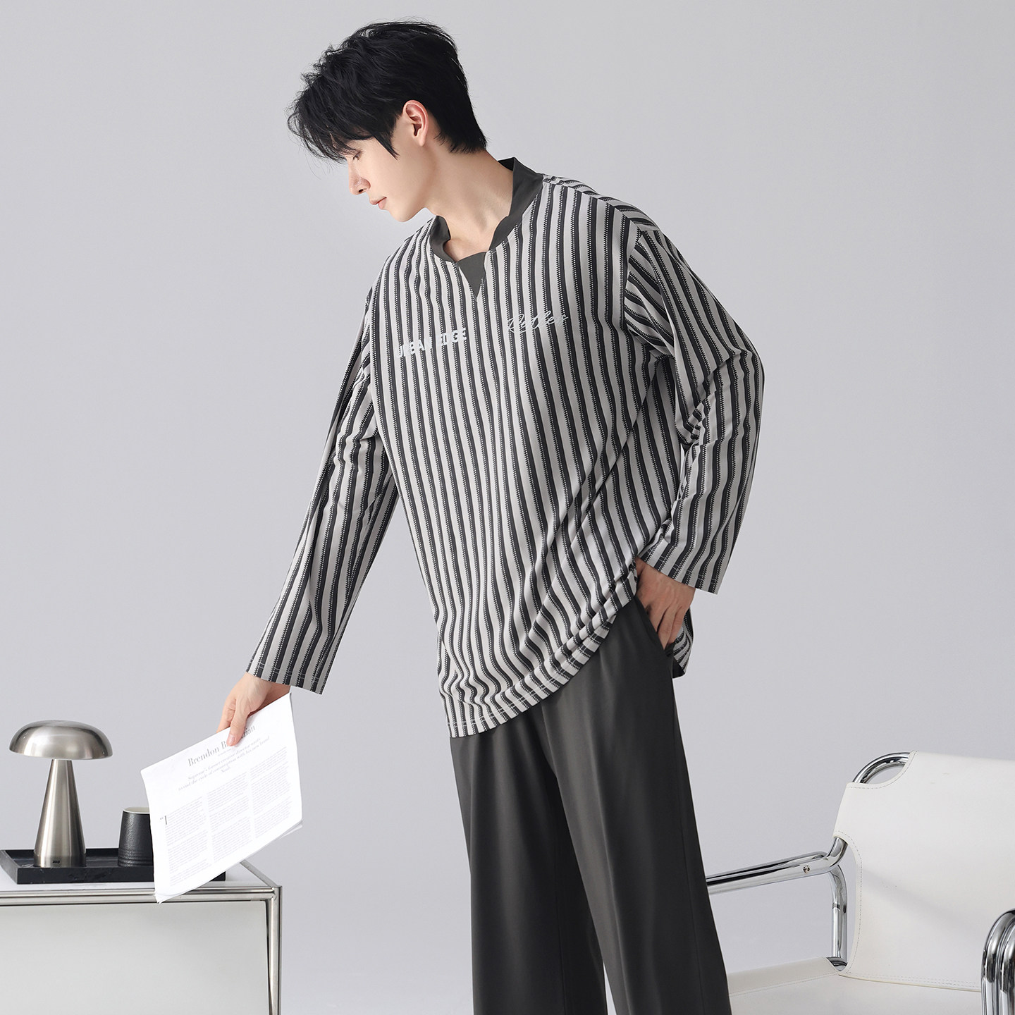 男士睡衣莫代尔棉韩版春秋时尚休闲运动长袖条纹可外穿家居服套装