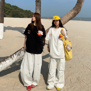 XKSHUO美式心情小狗系列刺绣魔术贴短袖T恤男女夏季情侣潮牌上衣