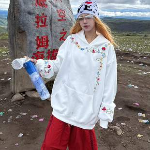 创意花卉刺绣连帽卫衣男女2025秋冬季 XKSHUO美式 潮牌重磅宽松上衣