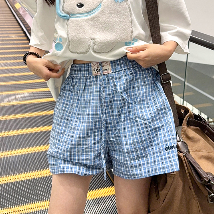 甜美格子抽身松紧腰休闲短裤女夏