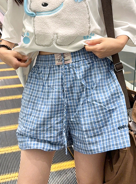 XKSHUO甜美格子抽身松紧腰休闲短裤女夏百搭宽松阔腿三分短裤子