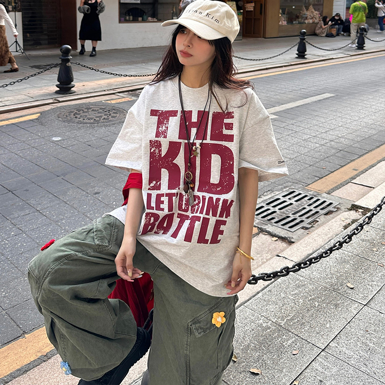 XKSHUO大标识斑驳做旧短袖t恤男女夏美式运动宽松情侣上衣