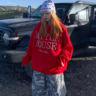 XKSHUO美式 情侣国潮牌高街TEE 复古钉珠字母连帽卫衣男女夏季