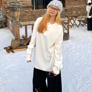 XKSHUO美式十字架华夫格圆领t恤贴皮刺绣长袖男女宽松休闲打底衫