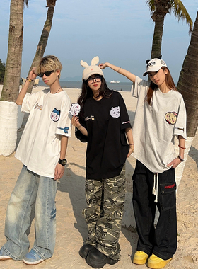 XKSHUO原创刺绣乌萨奇小八魔术贴短袖T恤男女夏季情侣潮牌上衣