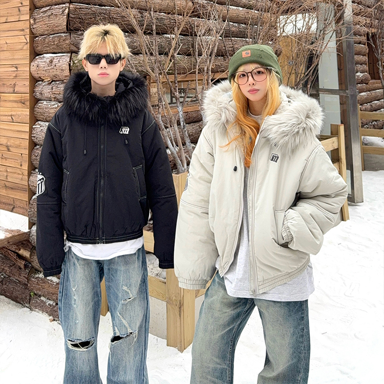 美式街头毛领可拆卸棉服