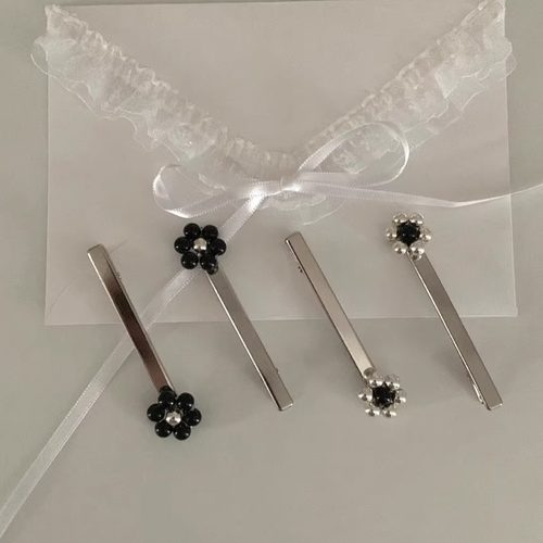 撞色串珠花朵一字边夹刘海夹