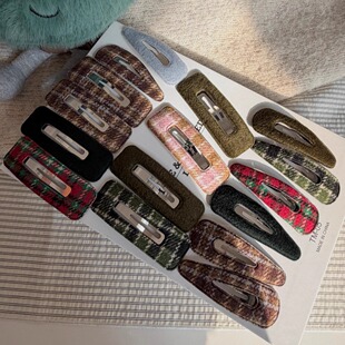 现Sunup_Q韩国进口ins 圣诞新年氛围感毛呢格纹绒面发夹边夹BB夹