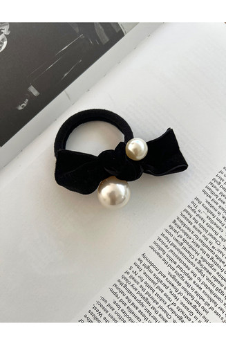 法式黑色丝绒蝴蝶结大珍珠发圈