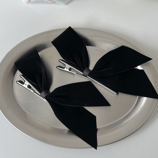 现货Sunup_Q韩国ins 丝绒缎面黑色复古蝴蝶结侧边夹发夹发饰