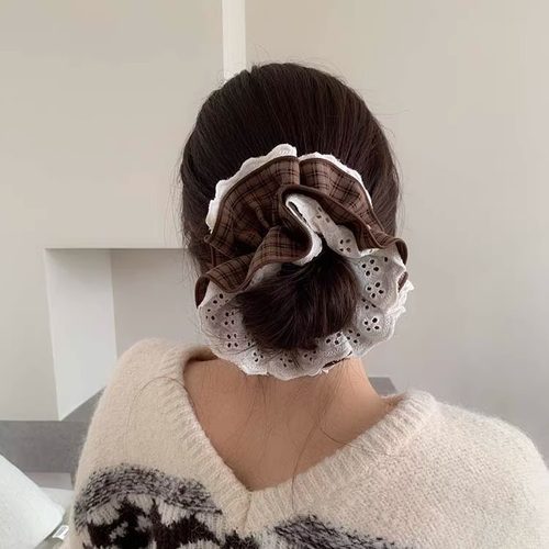 现Sunup_Q韩国ins 秋冬复古棕色系格纹蕾丝四层大肠发圈发饰小众