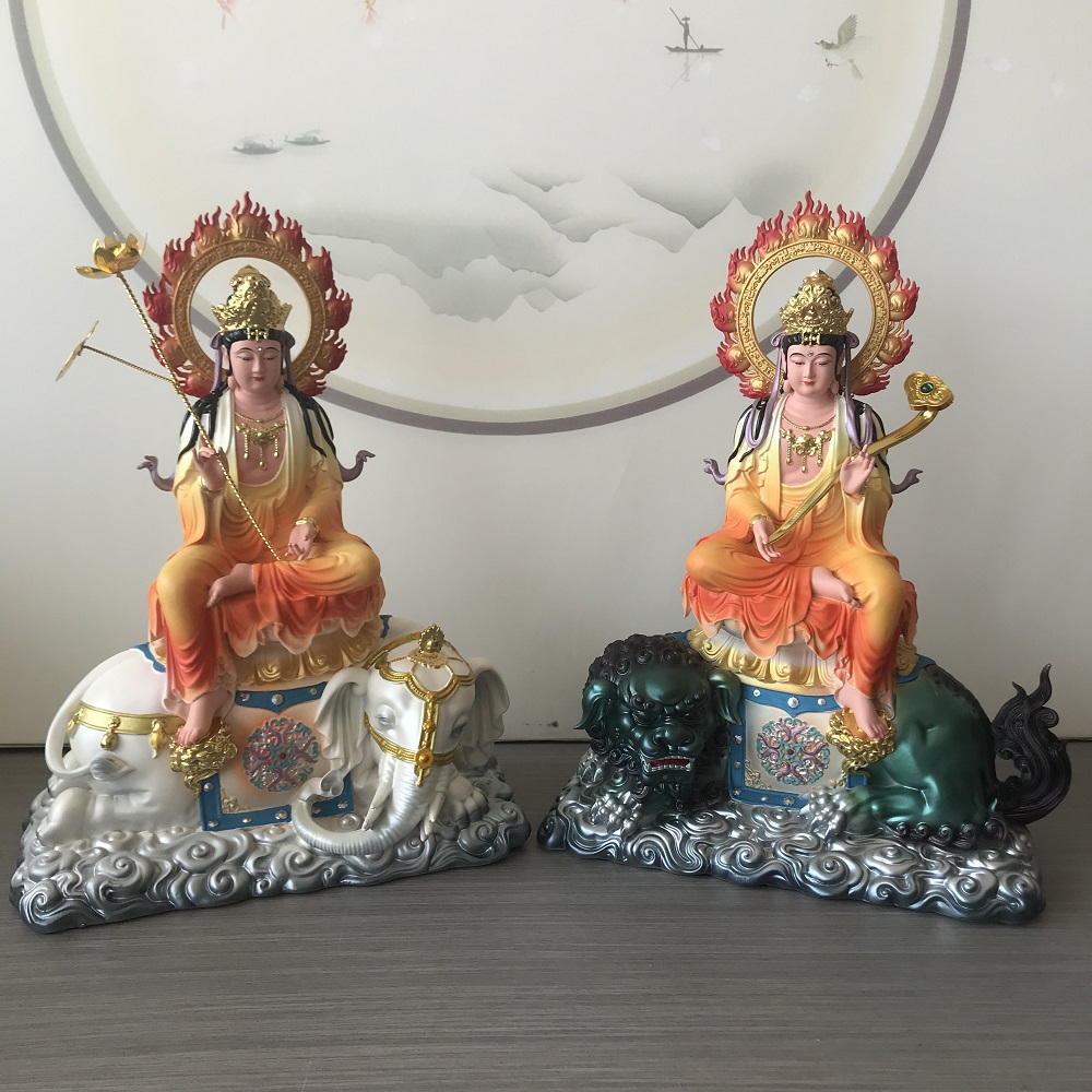 树脂文殊普贤菩萨佛像佛前护法华严三圣坐骑大象狮子桌面供奉摆件