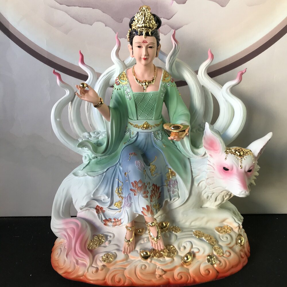 高档彩绘树脂九尾男狐女狐神像家用客厅招财九公子九姑娘摆件佛像