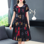 中老年大码 连衣裙休闲短袖 女装 中长款 裙子 妈妈装 棉绸夏季 气质新款