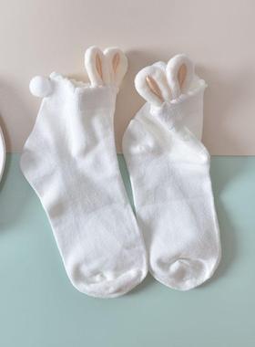 日系可爱兔耳朵软妹袜子女纯棉中筒袜lolita花边袜短筒少女黑白色