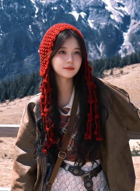 川西旅游红色流苏球针织包头帽女秋冬季出游百搭草原镂空毛线帽子