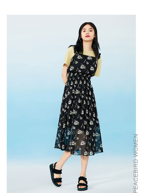鸟2021夏A2FA82204C0吊带印花长裙女潮流黑色清凉收腰无袖连衣裙