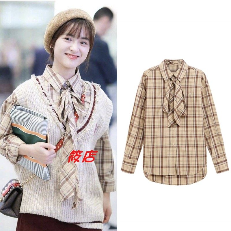 2019年冬季A1CA9410女装休闲百搭格纹绑带衬衫A1CA94101B3