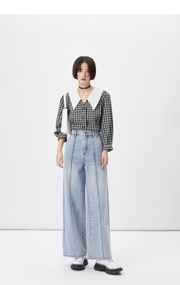 百搭风大翻领短款格纹休闲衬衫