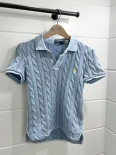 上衣 2025早春新款 学院风POLO领针织衫 女蓝色麻花小马刺绣修身 短袖
