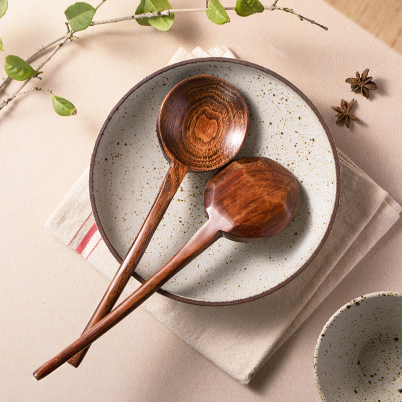 日式木勺汤勺家用盛汤长柄复古吃播勺吃饭木质大号厨房拉面勺子