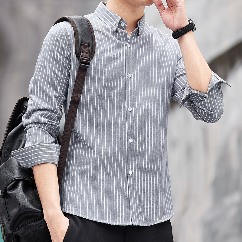 条纹长袖男士衬衫外套上衣服韩版潮流衬衣帅气商务工装休闲，男装衬衫，奇怪漫猴工厂店