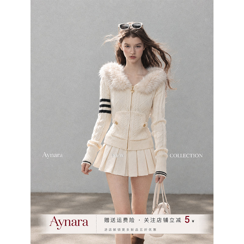 Aynara连帽白色毛领针织开衫女