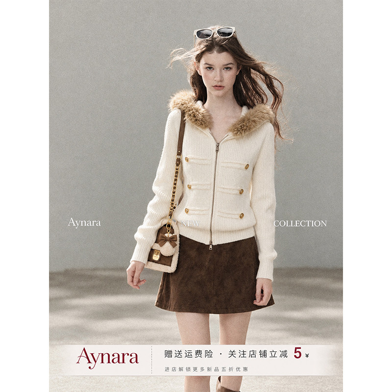 Aynara连帽毛领蝙蝠袖针织开衫