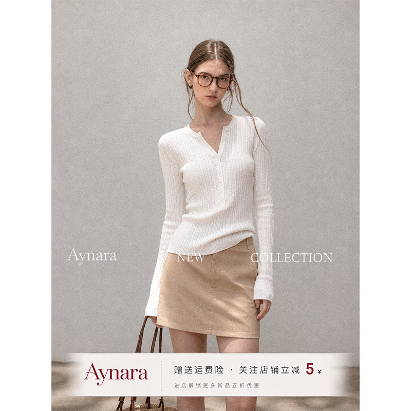Aynara白色麻花亨利领针织衫女秋冬修身内搭毛衣长袖打底衫上衣