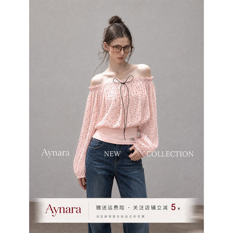 Aynara粉色波点一字肩雪纺T恤