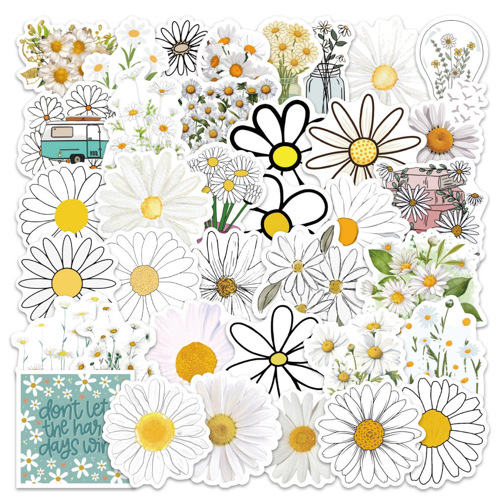 60张白色小雏菊卡通贴纸跨境装饰汽车手机壳行李箱贴画