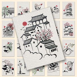 古村一隅绘画贴纸古风山水风景随手简笔画手账素材DIY手机壳贴画