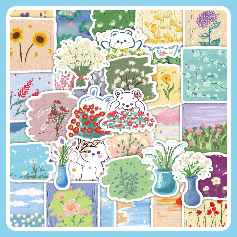 60张原创春天温柔风花卉卡通贴纸手账笔记本滑板车贴画厂家