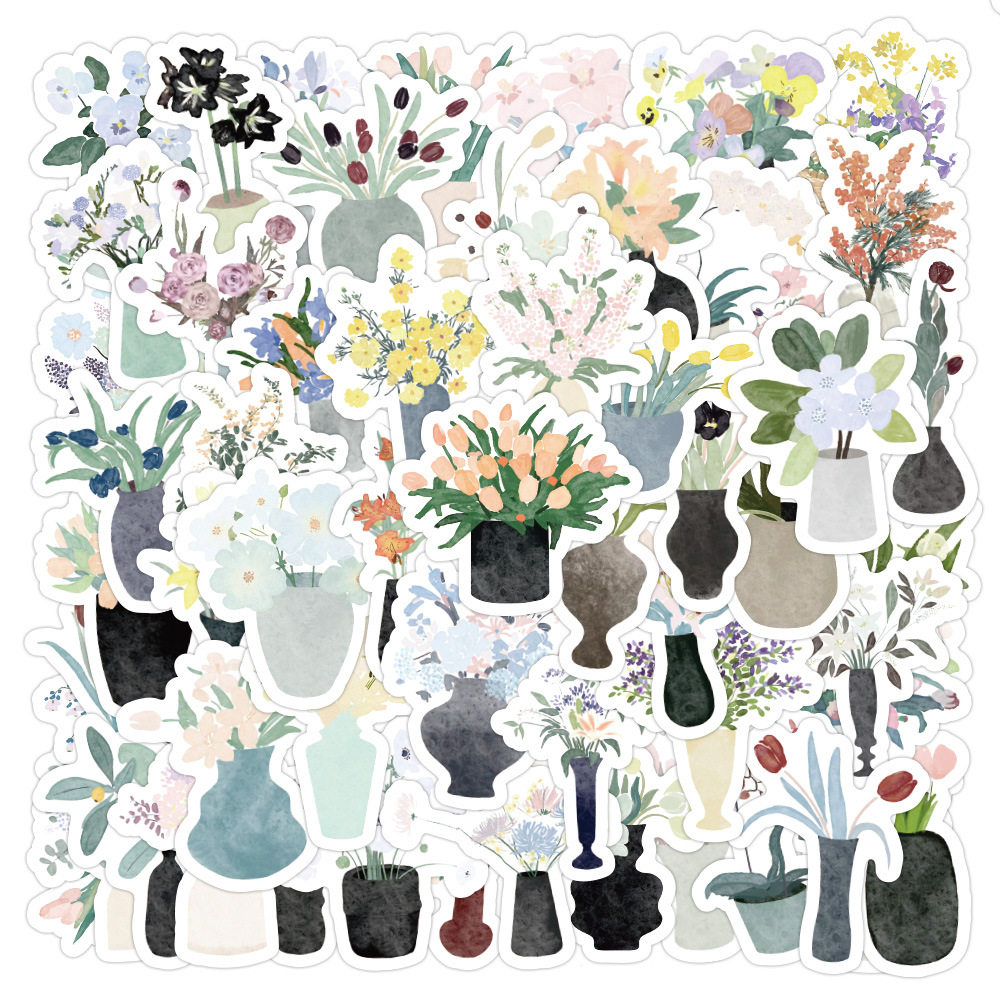 60张中式花瓶卡通贴纸家庭小物件装饰笔记本行李箱手机壳贴画