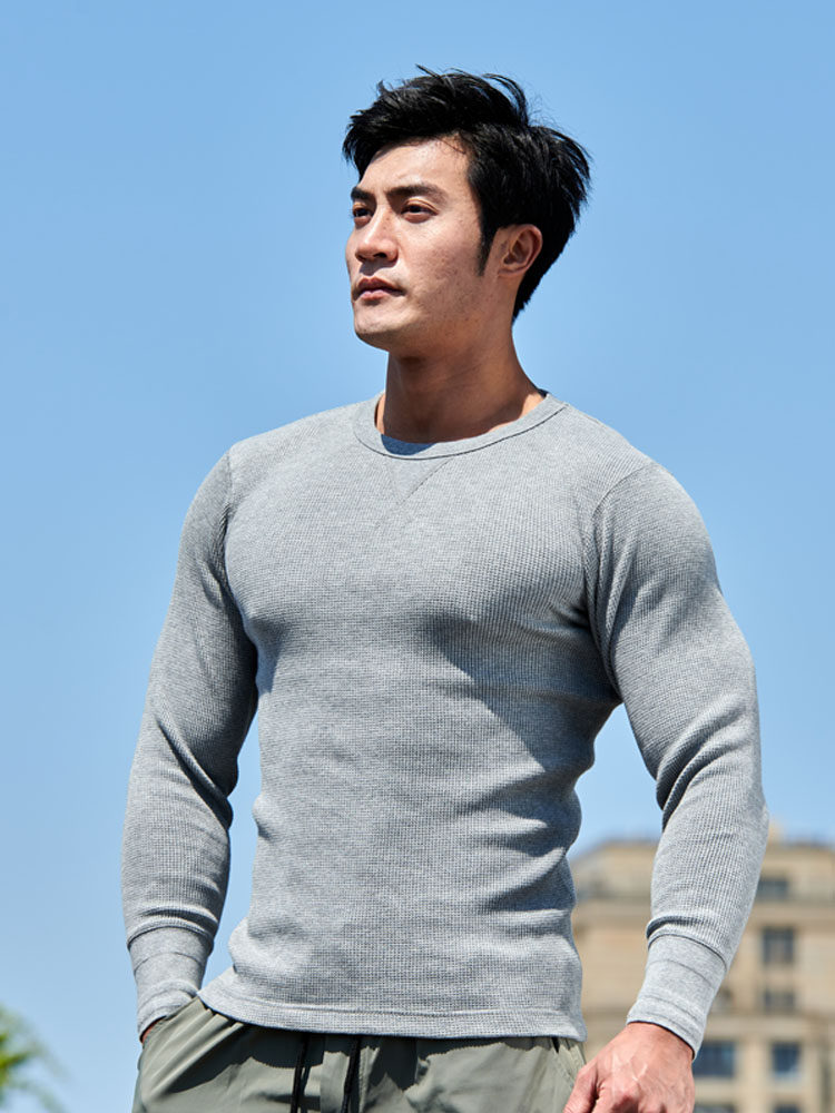 暗狱猎人 华夫格重磅全棉圆领长袖上衣 肌肉男弹力修身针织打底衫