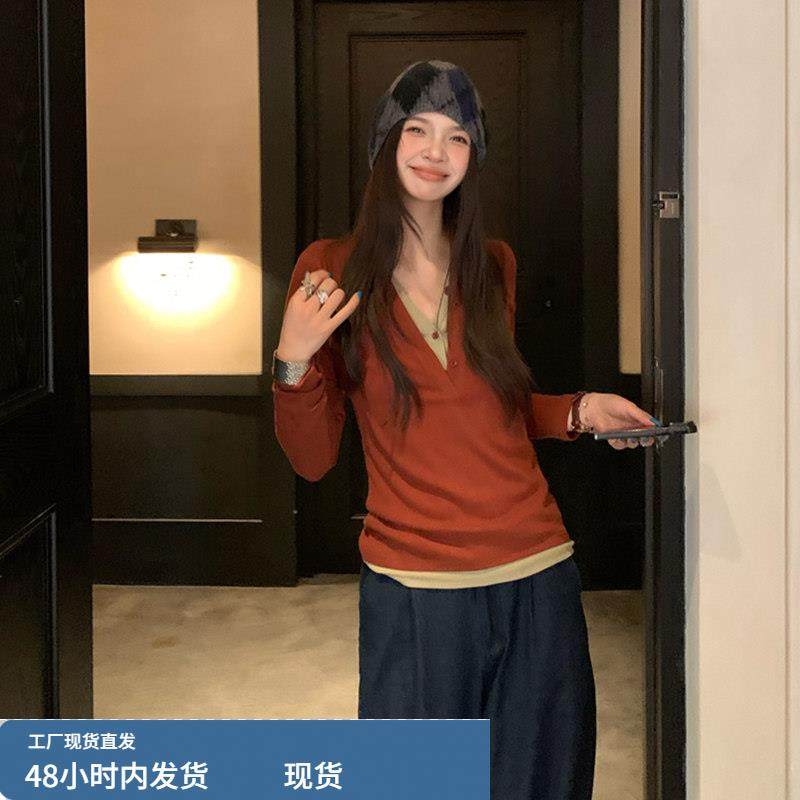 撞色叠穿假两件长袖t恤打底衫2025新款今年流行爆款v领修身上衣女