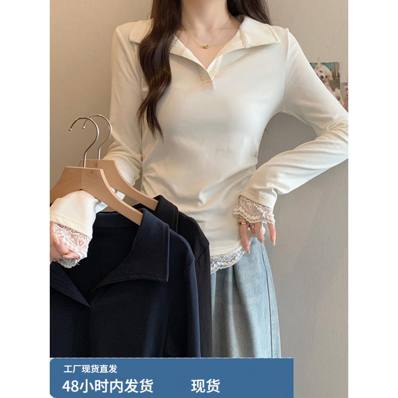 大码女装2025新款初秋韩系漂亮小上衣蕾丝花边拼接套头半开领t恤