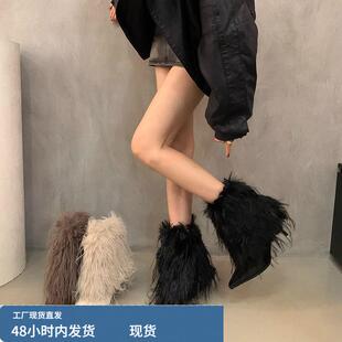 2024春夏新款毛绒雪地靴细跟高跟靴女款鞋毛毛靴短筒靴法式女靴子