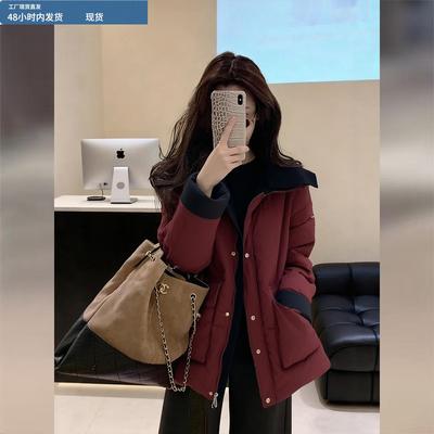 红色撞色羽绒服女款2025冬季新款巨好看的中长款宽松加厚保暖外套