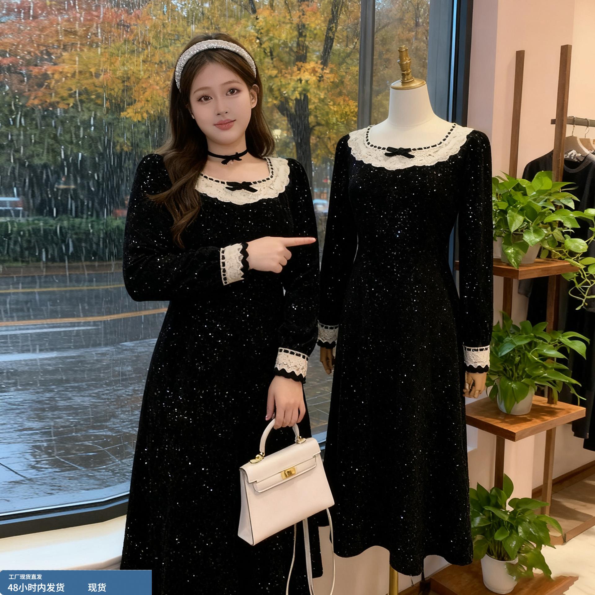 大码女装法式千金风连衣裙秋冬季微胖mm高级感方领丝绒赫本风裙子