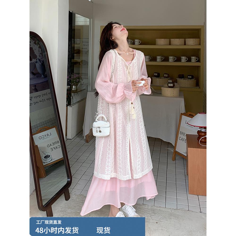 法式森系粉色连衣裙蕾丝镂空罩衫两件套甜美温柔风春夏季长袖长裙