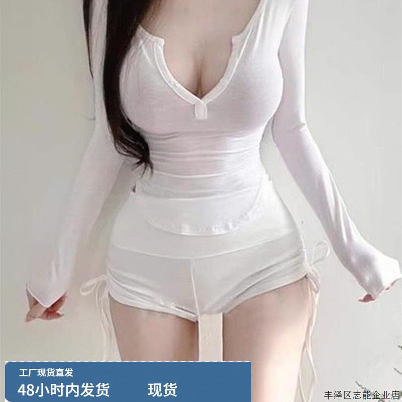 早秋纯欲性感巨辣显身材薄款漂亮低领白色T恤长袖深V微透紧身上衣