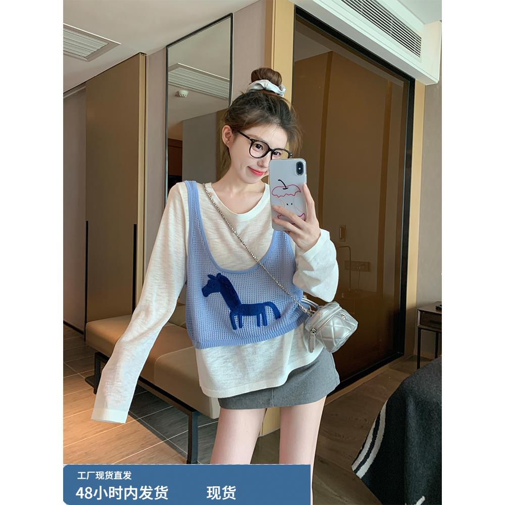 假两件刺绣长袖t恤女2025新款早秋设计感小众宽松百搭童趣风上衣