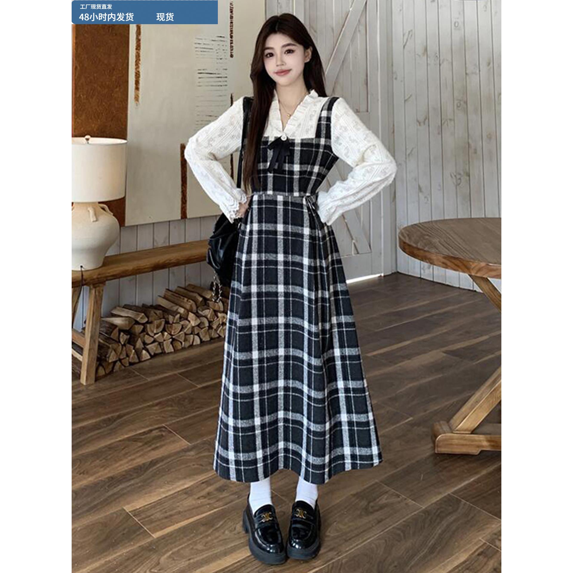 大码秋冬新款巨好看法式学院风气质显瘦高级感拼接毛呢格子连衣裙