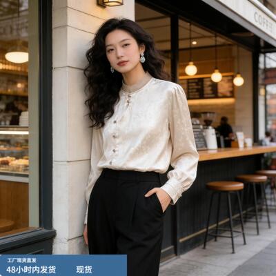 杭州高端大牌真丝衬衫女士长袖小衫新中式时尚国风提花桑蚕丝上衣
