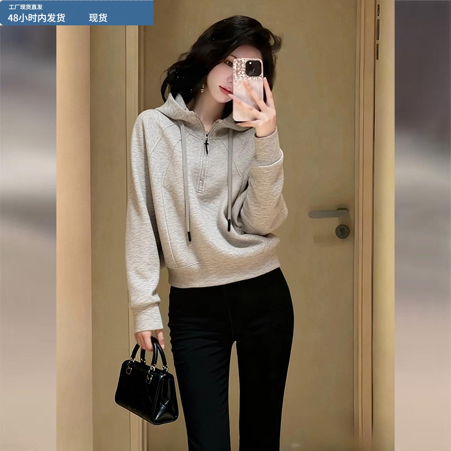 灰色半拉链连帽卫衣女款2025冬季新款加绒加厚休闲套头插肩袖上衣